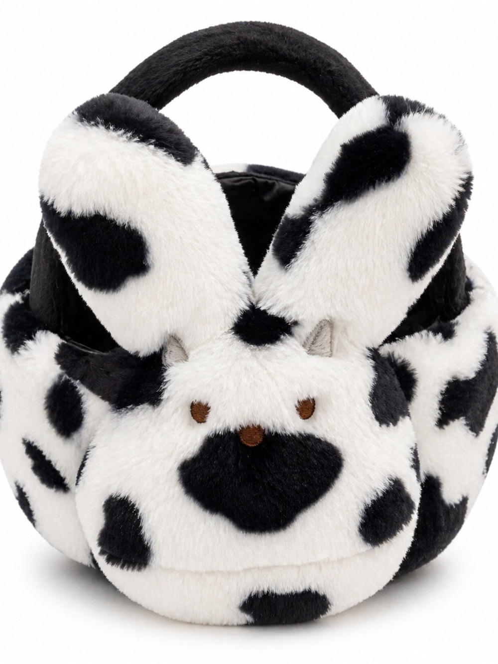 Plush Bunny Ear Handbag in Black & White Cow Spot Peeps